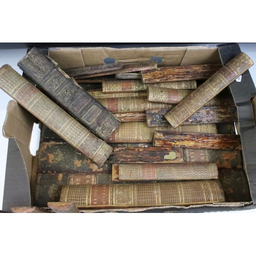 412 - Collection of assorted leather bound book spines with gilt decorative titling. Approx 32 spines in t... 