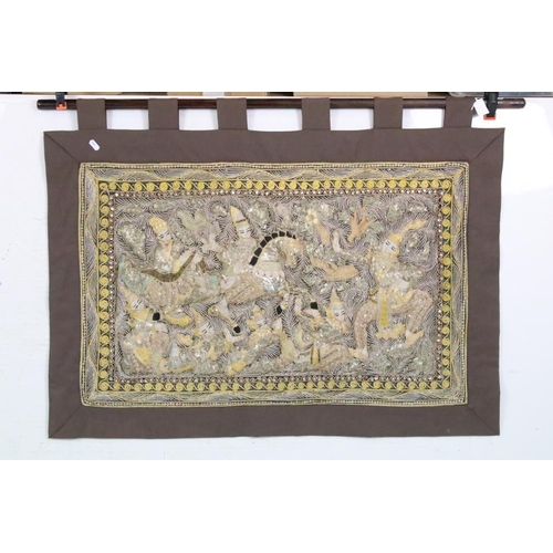 572 - South East Asian Stumpwork style Wall Hanging Panel depicting a horse drawn chariot and figures, wit... 