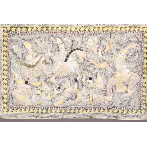 572 - South East Asian Stumpwork style Wall Hanging Panel depicting a horse drawn chariot and figures, wit... 