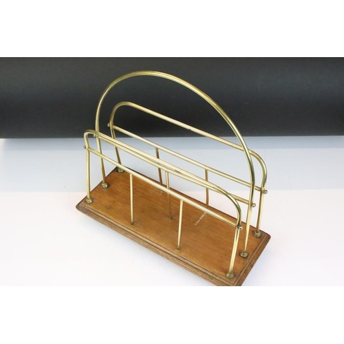 586 - Edwardian Brass and Oak Magazine Rack, 37cm high