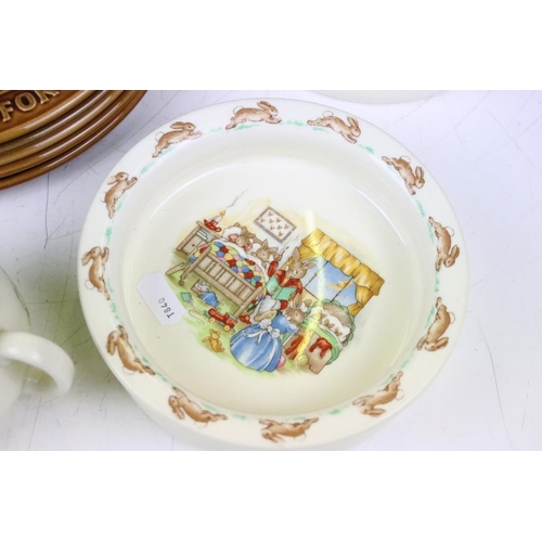 136 - Royal Doulton Bunnykins ceramics to include two twin handled cups, two baby bowl round dishes and an... 