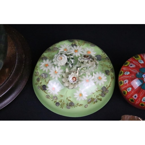 146 - Collection of paperweights to include three millefiori cane examples, a large green twist example, p... 