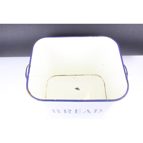 199 - Vintage White enamel bread bin, twin-handled, with blue lettering. Approx 35cm high