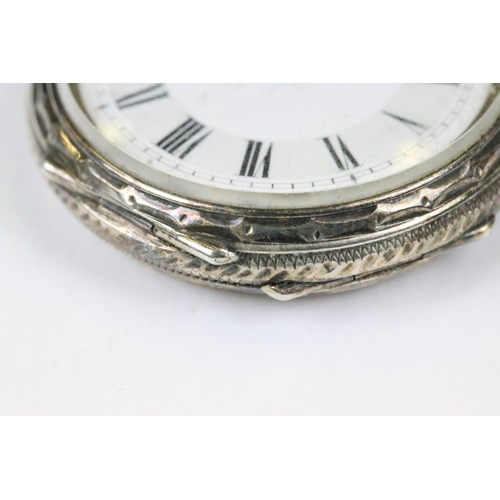 222 - Two silver cased ladies fob watches with decorative enamel dials.