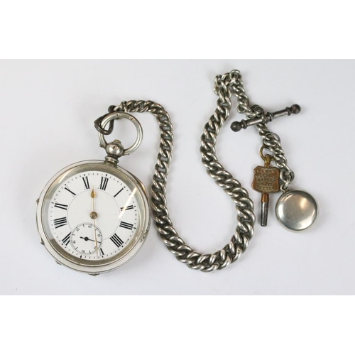 224 - An antique silver cased pocket watch together with a fully hallmarked sterling silver albert chain w... 