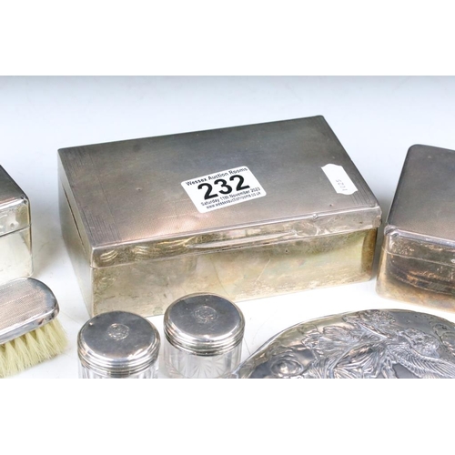 232 - A collection of mixed hallmarked silver to include three cigarette boxes and a selection of vanity i... 