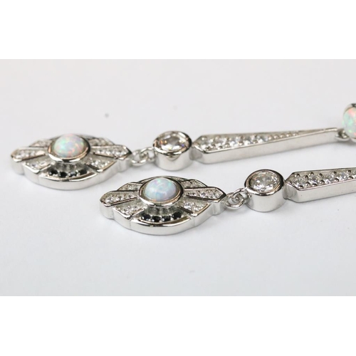 235 - Pair of Silver CZ and Opal Art Deco style Drop Earrings