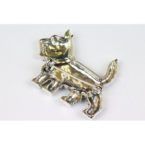 236 - Silver Dog Brooch set with Emerald Coat and Ruby Eyes