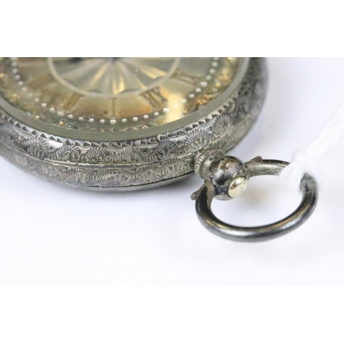 244 - A silver cased ladies fob watch with silvered dial, complete with key.