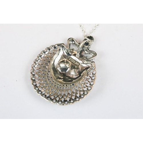 251 - Silver and CZ Royal Cat Pendant Necklace with Emerald Eyes