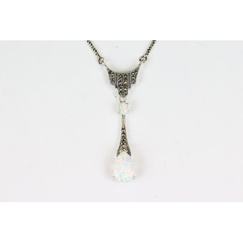 264 - Silver Marcasite and Pear shaped Opal Drop Necklace