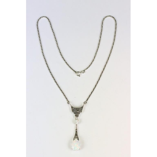 264 - Silver Marcasite and Pear shaped Opal Drop Necklace