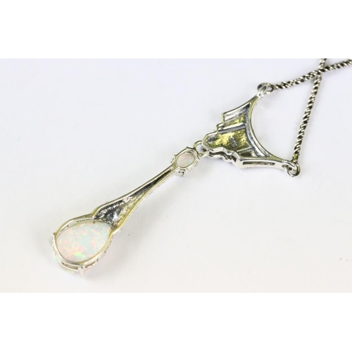 264 - Silver Marcasite and Pear shaped Opal Drop Necklace