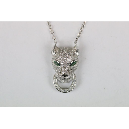 281 - Silver and CZ designer style Panther Headed Pendant Necklace with Emerald Eyes