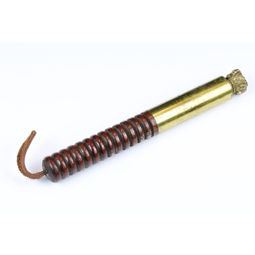 289 - An Antique brass tip staff, with ribbed wood handle and typical coronet finial