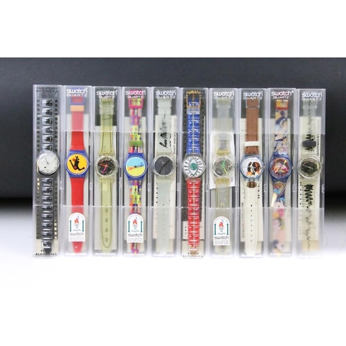 309 - A collection of ten cased Quartz Swatch watches to include 1996 Atlanta Olympics and 100 Years of Ci... 