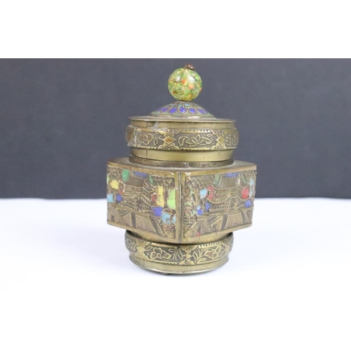 343 - Two Chinese brass lidded jars with enamel decoration.