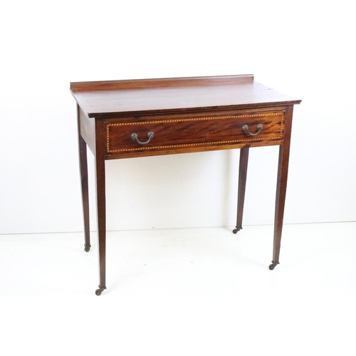 554 - Edwardian Mahogany Inlaid Side Table with single long drawer, raised on square tapering legs with ca... 