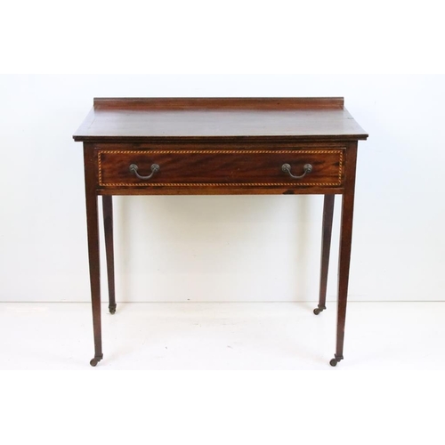 554 - Edwardian Mahogany Inlaid Side Table with single long drawer, raised on square tapering legs with ca... 