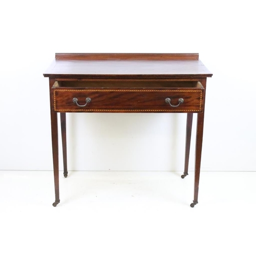 554 - Edwardian Mahogany Inlaid Side Table with single long drawer, raised on square tapering legs with ca... 