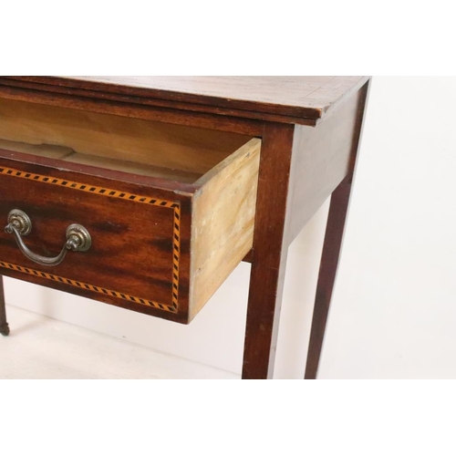 554 - Edwardian Mahogany Inlaid Side Table with single long drawer, raised on square tapering legs with ca... 