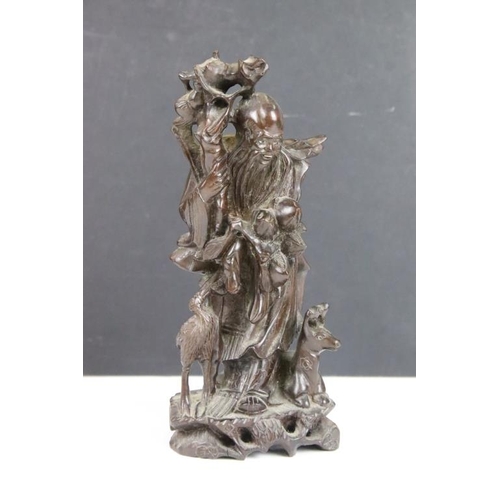 361 - Chinese carved hardwood figure depicting Shou Lau with a crane and deer to the naturalistic base. Me... 