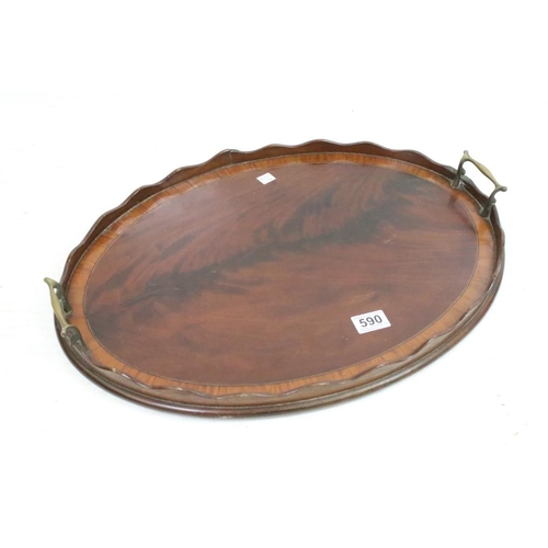 590 - Large 19th century Silver Plated Serving Tray and a Mahogany Serving Tray, longest 69cm