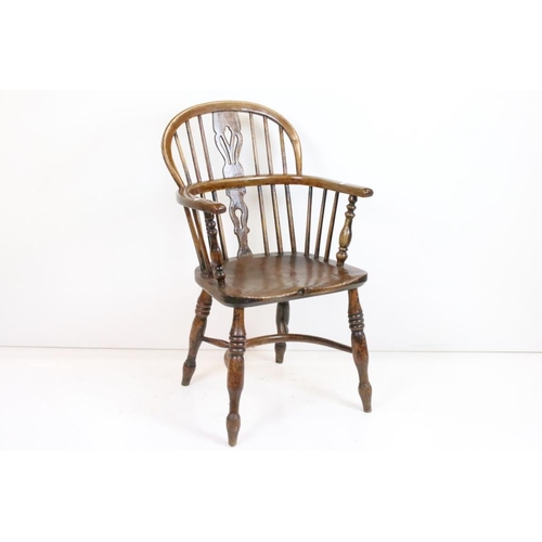 598 - 19th century Ash and Elm Hoop-back Elbow Chair with crinoline stretcher, 54cm wide x 49cm deep x 93c... 