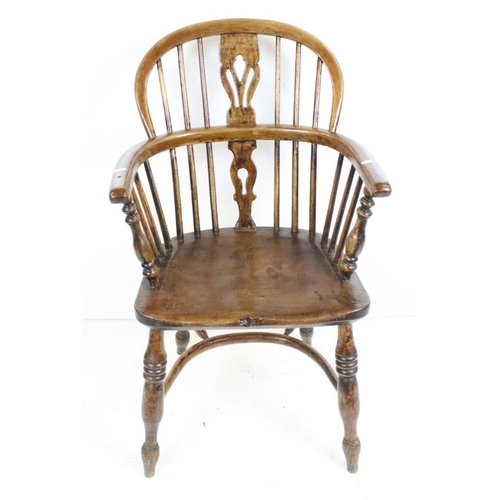 598 - 19th century Ash and Elm Hoop-back Elbow Chair with crinoline stretcher, 54cm wide x 49cm deep x 93c... 