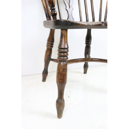 598 - 19th century Ash and Elm Hoop-back Elbow Chair with crinoline stretcher, 54cm wide x 49cm deep x 93c... 