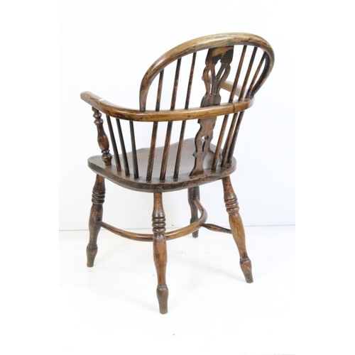 598 - 19th century Ash and Elm Hoop-back Elbow Chair with crinoline stretcher, 54cm wide x 49cm deep x 93c... 