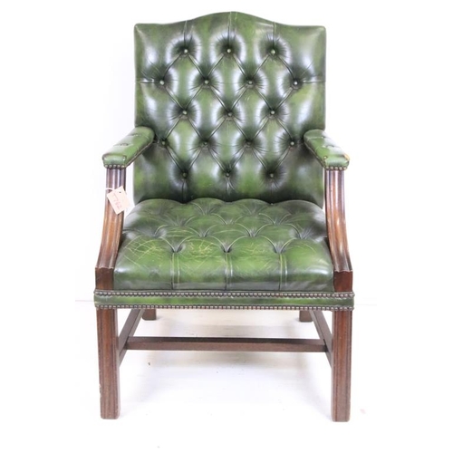 602 - Green Leather Button Back Elbow Chair in the George III manner, 63cm wide x 61cm deep x 94cm high