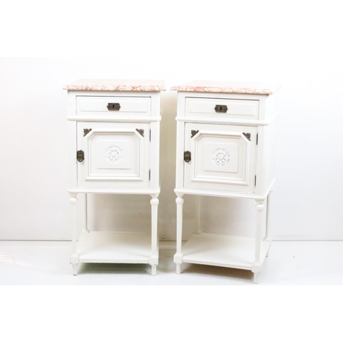 614 - Pair of 19th century White Painted Bedside Cabinets, the square marble tops over drawer, pot cupboar... 