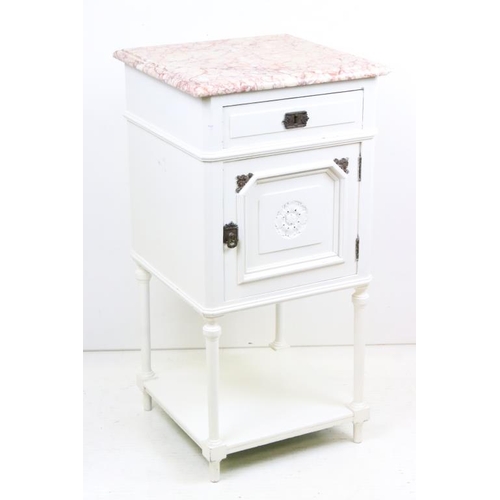 614 - Pair of 19th century White Painted Bedside Cabinets, the square marble tops over drawer, pot cupboar... 