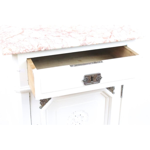 614 - Pair of 19th century White Painted Bedside Cabinets, the square marble tops over drawer, pot cupboar... 