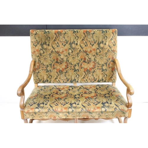 619 - Louis XIV Continental Walnut Two Seater Open Sofa with a floral padded back and seat on scrolling le... 