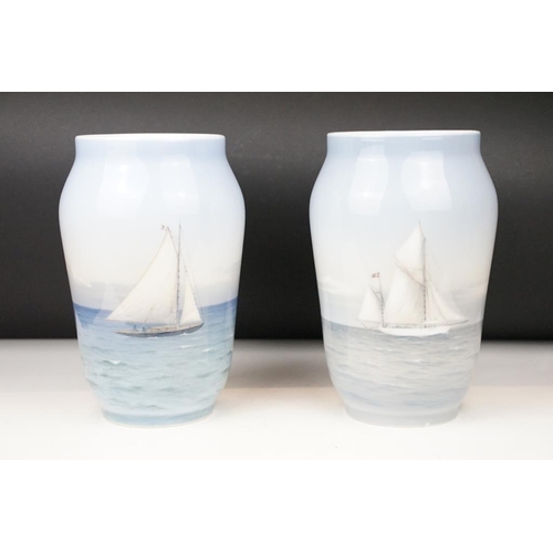 16 - Two Royal Copenhagen vases depicting sailing boats at sea, to include pattern numbers 1495/1217 and ... 