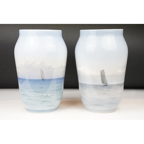 16 - Two Royal Copenhagen vases depicting sailing boats at sea, to include pattern numbers 1495/1217 and ... 