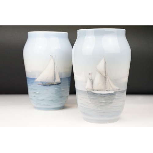 16 - Two Royal Copenhagen vases depicting sailing boats at sea, to include pattern numbers 1495/1217 and ... 