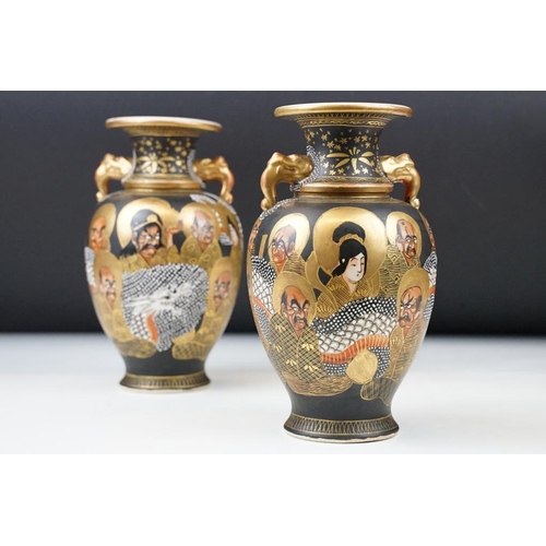 2 - Pair of early 20th century Japanese Satsuma ' Thousand Faces ' vases, of baluster form, twin-handed,... 