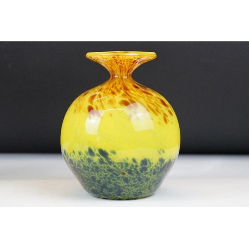 100 - Four studio glass vases to include a Mdina Glass frosted glass example of bulbous form with flared n... 