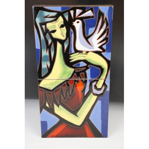 29 - Mid 20th Century Paul Carriger wall plaque, composed of two tiles depicting a stylised lady and dove... 