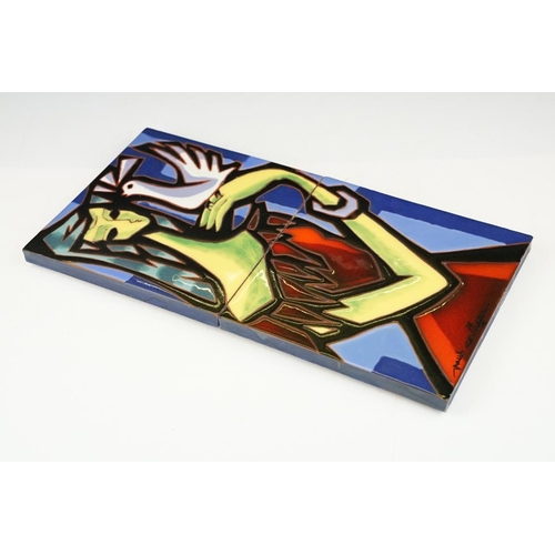 29 - Mid 20th Century Paul Carriger wall plaque, composed of two tiles depicting a stylised lady and dove... 