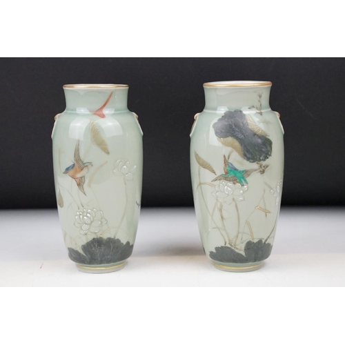 4 - Pair of Chinese celadon glazed vases of baluster form, decorated with birds amongst flowers, with gi... 