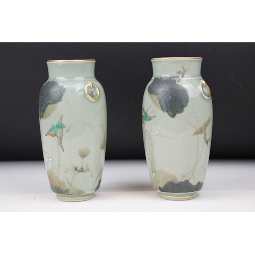 4 - Pair of Chinese celadon glazed vases of baluster form, decorated with birds amongst flowers, with gi... 