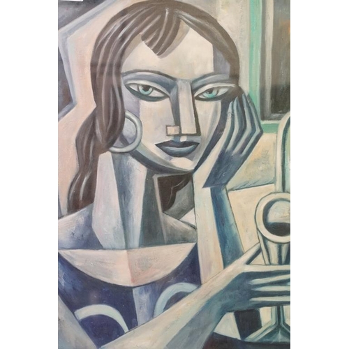 463 - Cubist Oil Painting Portrait of a Woman enjoying a glass of wine, 60cm x 47cm