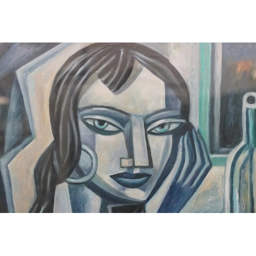 463 - Cubist Oil Painting Portrait of a Woman enjoying a glass of wine, 60cm x 47cm