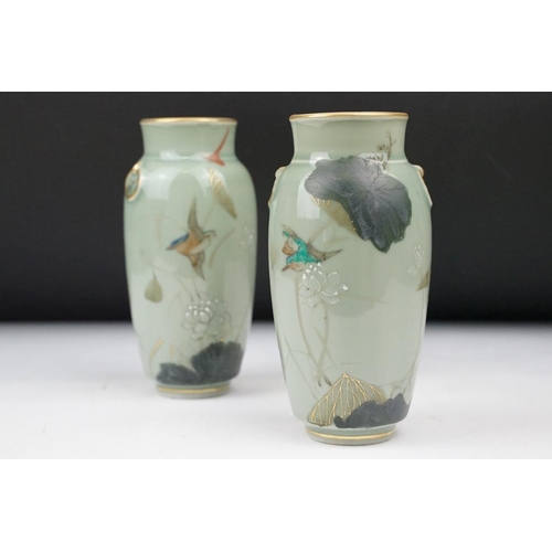 4 - Pair of Chinese celadon glazed vases of baluster form, decorated with birds amongst flowers, with gi... 