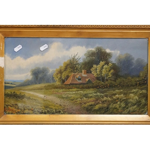 465 - Challa, landscape scene with cottage, oil on board, signed lower left, 23.5 x 43.5cm, gilt framed, a... 