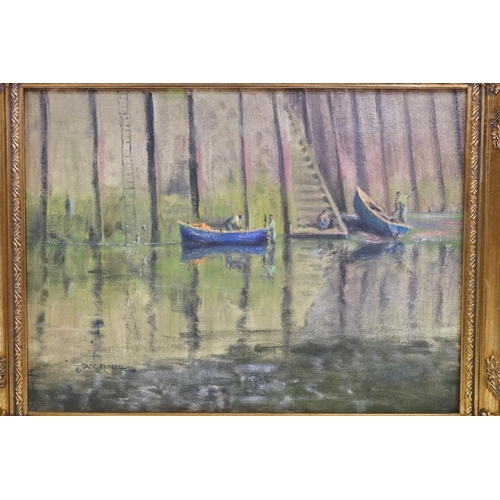 470 - Jack Russell (b.1963), Blue Boats, oil on canvas, signed lower left and dated '95, inscribed by the ... 